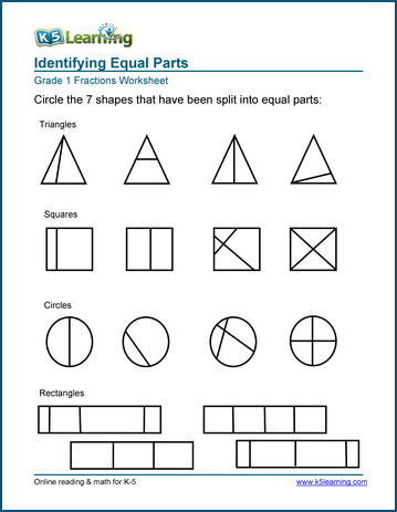 Identifying equal parts - fractions worksheet