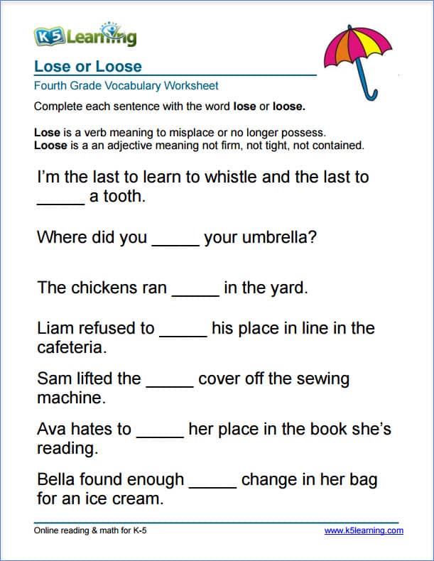 4th Grade English Vocabulary Worksheets