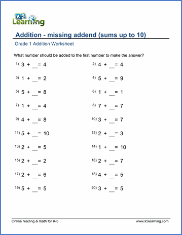 Grade 1 math worksheet -addition with missing addends, sums up to 10