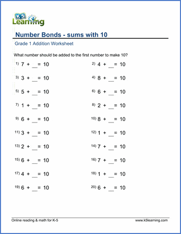 Grade 1 Addition Worksheet on number bonds sums with 10