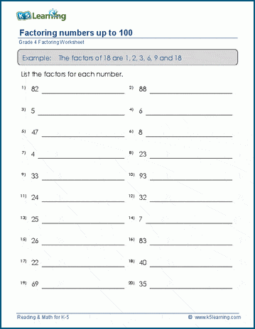 Grade 4 Factoring Worksheet factoring numbers between 4 and 100