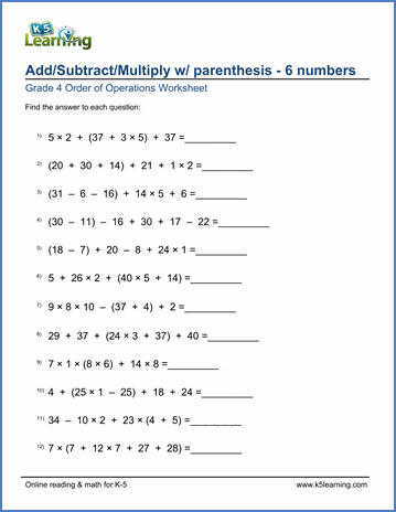 Grade 4 Order of Operations Worksheets - free and printable | K5 Learning