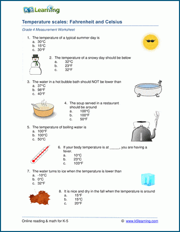 Grade 4 Measurement Worksheet on temperature