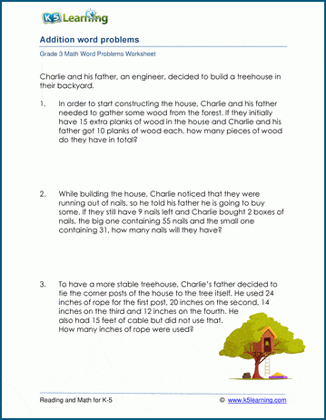 Math worksheets with word problems for grade 3 students. | K5 Learning