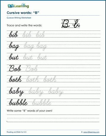 Cursive writing worksheet: pracitice words starting with the letter B