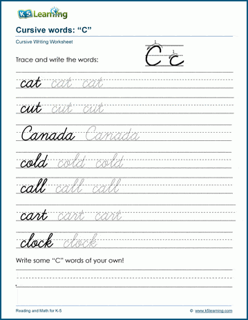 Cursive writing worksheet: pracitice words starting with the letter C