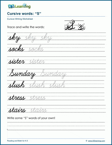 Cursive writing worksheet: pracitice words starting with the letter S