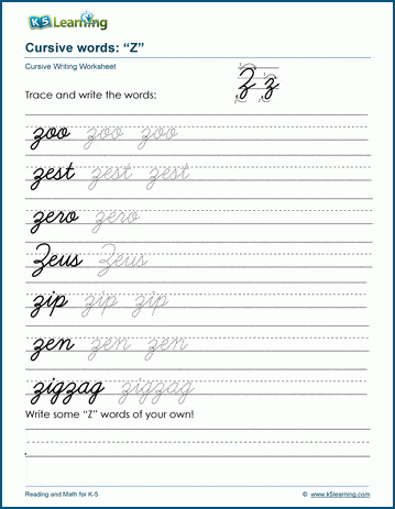 Cursive writing worksheet: pracitice words starting with the letter Z