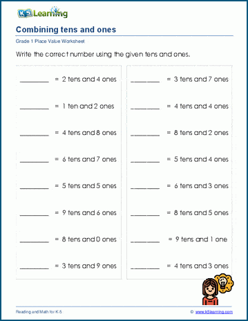Grade 1 Place value worksheet on combining tens and ones