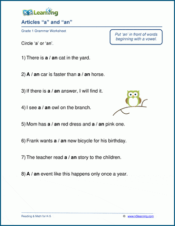 Grade 1 grammar worksheet on the articles a and an