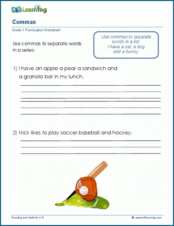 Grade 1 grammar worksheet on using commas