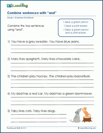 Grade 1 grammar worksheet on combining sentences with the conjunction and