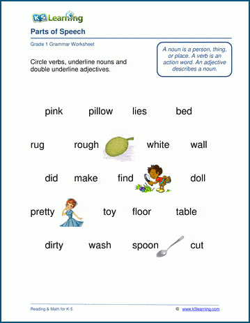 Grade 1 grammar worksheet on nouns, adjectives and verbs