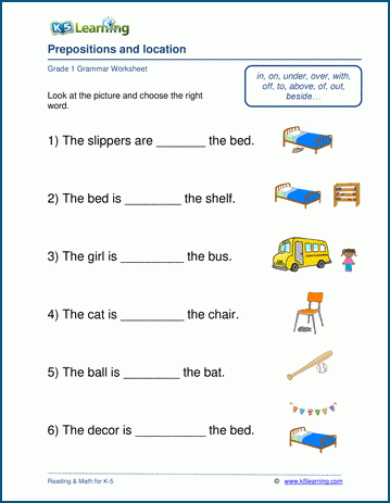 Grade 1 grammar worksheet on prepositions related to relative location