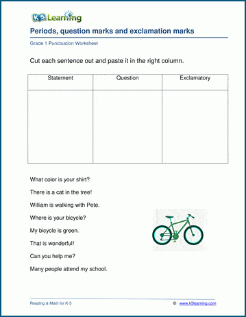 Grade 1 grammar worksheet on periods, question marks and exclamation marks