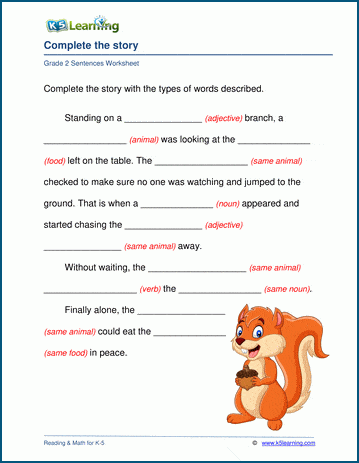 Grade 2 grammar worksheet on completing a story with the different parts of speech