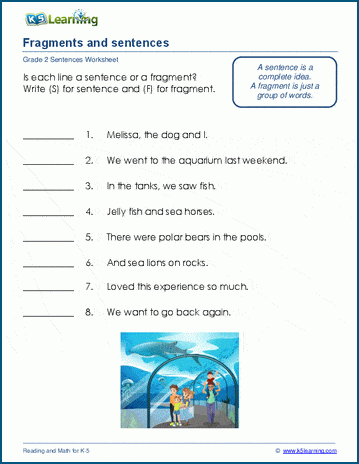 Grade 2 grammar worksheet on comparing full sentences and sentence fragments