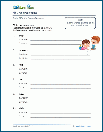 Grade 3 grammar worksheet on nouns that are also verbs
