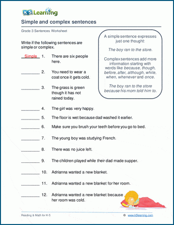 Grammar worksheet on simple and complex sentences