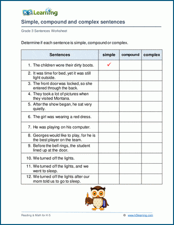 Grammar worksheet on simple, compound and complex sentences