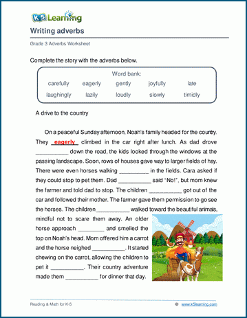 Grade 3 grammar worksheet on writing adverbs