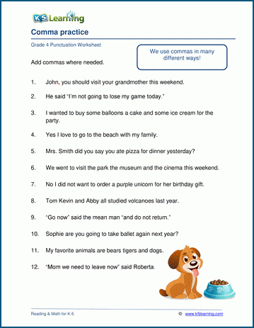 Commas practice worksheets for grade 4.