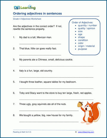 Grammar worksheet on using the correct order of adjectives.