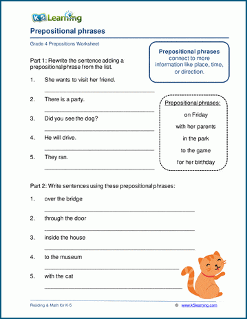 Grammar worksheet on prepositional phrases.