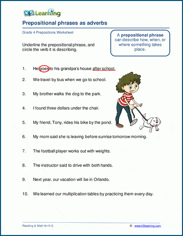 Grammar worksheet on prepositional phrases as adverbs.