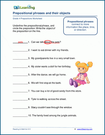 Grammar worksheet on prepositional phrases and their objects.
