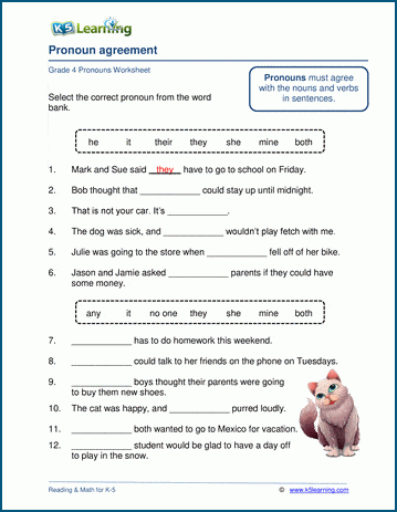 Grade 4 grammar worksheet on pronoun agreement