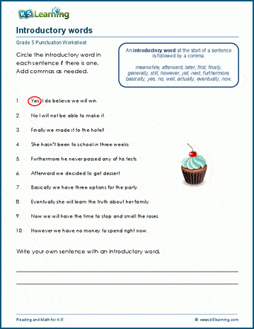 Introductory words with commas worksheets