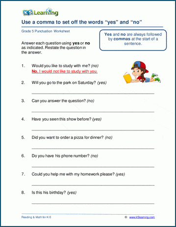 Sentences that start with yes or no worksheets
