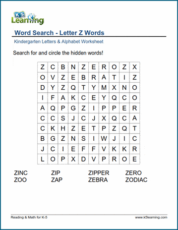 Word searches with Letter Z words