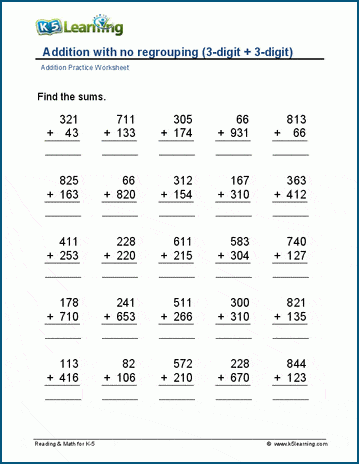 3-digit addition (no regrouping) worksheet