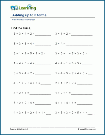 Adding up to 6 terms worksheet