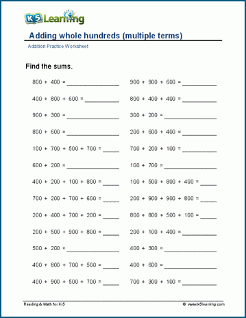 Adding whole hundreds (up to 4 terms) worksheet