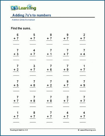 Adding 7's to numbers worksheet