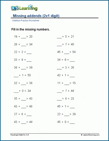 Missing addends (2-digit plus 1-digit) worksheet