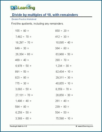 Dividing by multiples of 10, remainders worksheet
