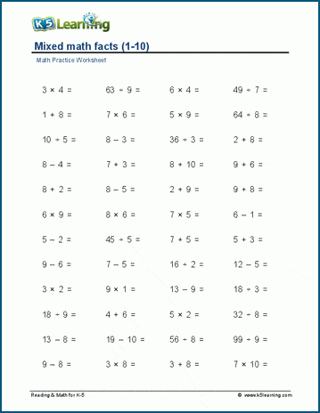 Mixed math facts (horizontal, 1-10) worksheet