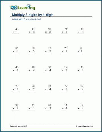 Multiply 2 x 1 digits worksheet