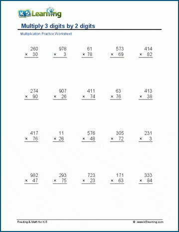 Multiply 3 x 2 digits worksheet
