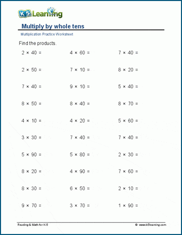 Multiplying by multiples of 10 worksheet