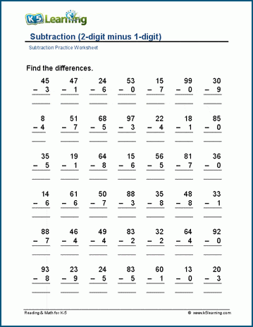 2-digit minus 1-digit worksheet
