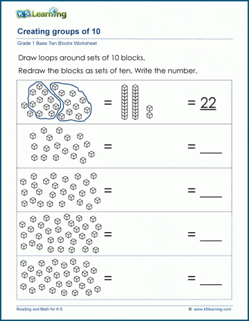 Regrouping numbers with base 10 blocks Worksheets