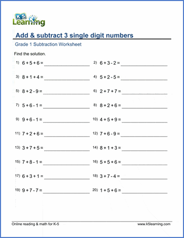 Grade 1 Subtraction Worksheet on adding and subtracting 3 single-digit numbers