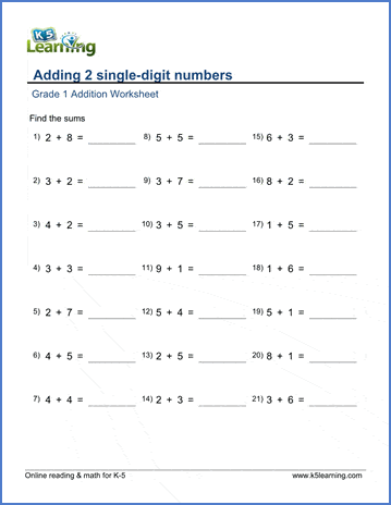 Grade 1 math worksheet - Add 2 single-digit numbers - sum 10 or less