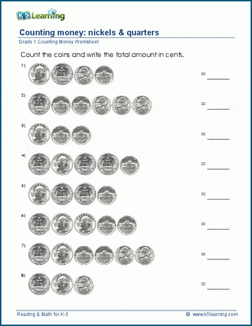 Grade 1 Counting money Worksheet on nickels and quarters