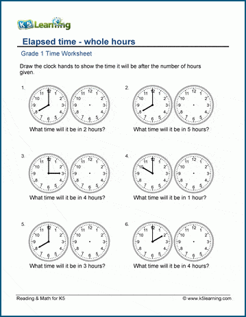 Grade 1 Telling time Worksheet on elapsed time of several hours